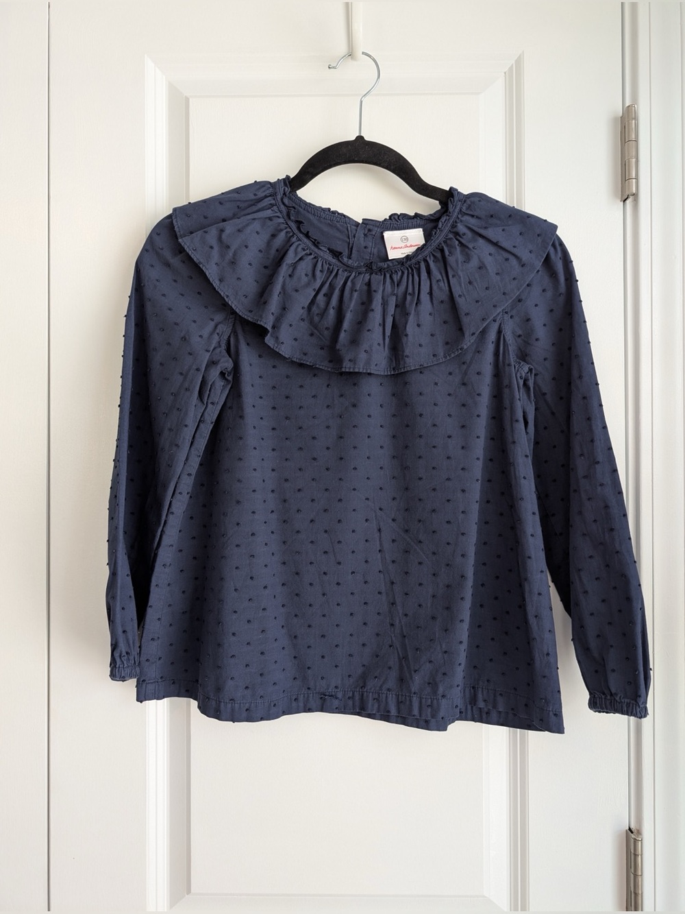 Hanna Andersson Girls Ruffle Collar Swiss Dot Blouse Navy Blue Size 130/8